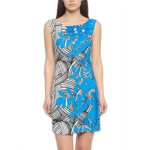 Peck & Peck Sleeveless Dress Abstract Floral White Blue Black Pearl Artsy BOHO